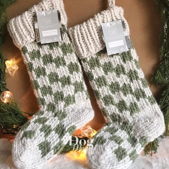 x2 Rachel Ashwell Chunky Knit Checkered Green Stockings - Picture 1 of 5